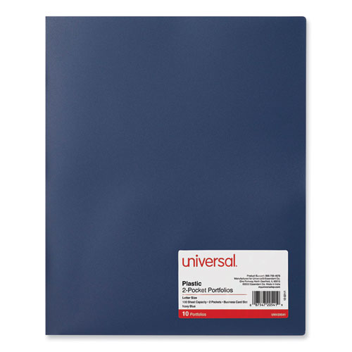Universal® Two-Pocket Plastic Folders, 100-Sheet Capacity, 11 X 8.5, Navy Blue, 10/Pack