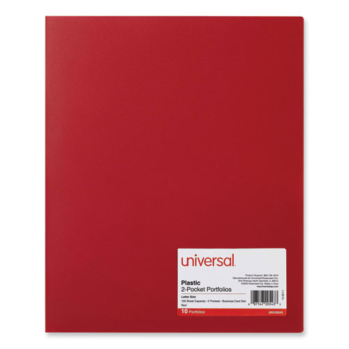 Universal® Two-Pocket Plastic Folders, 100-Sheet Capacity, 11 X 8.5, Red, 10/Pack