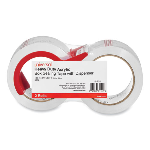 Image of Universal® Heavy-Duty Acrylic Box Sealing Tape With Dispenser, 3" Core, 1.88" X 54.6 Yds, Clear, 2/Pack