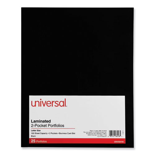 Universal® Laminated Two-Pocket Folder, Cardboard Paper, 100-Sheet Capacity, 11 X 8.5, Black, 25/Box