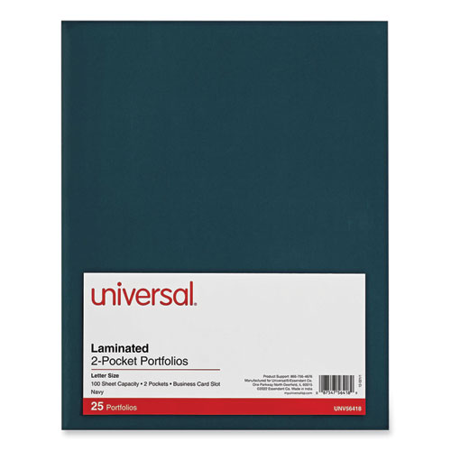 Universal® Laminated Two-Pocket Folder, Cardboard Paper, 100-Sheet Capacity, 11 X 8.5, Navy, 25/Box
