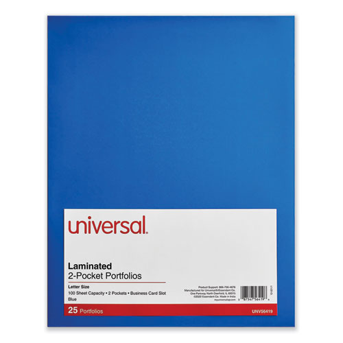 Universal® Laminated Two-Pocket Folder, Cardboard Paper, 100-Sheet Capacity, 11 X 8.5, Blue, 25/Box