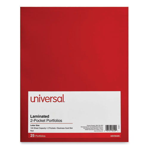 Universal® Laminated Two-Pocket Folder, Cardboard Paper, 100-Sheet Capacity, 11 X 8.5, Red, 25/Box