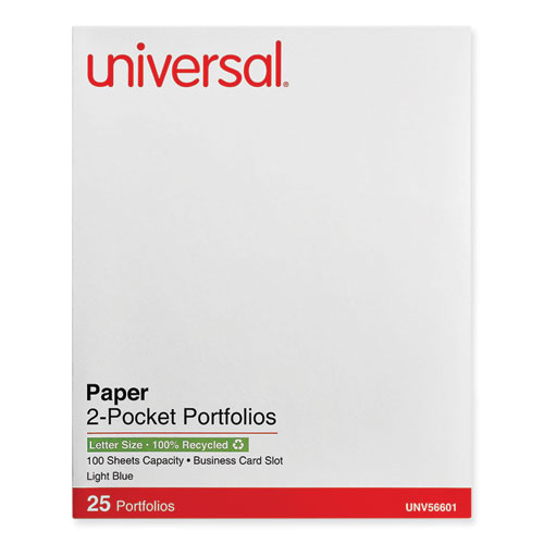 Universal® Two-Pocket Portfolio, Embossed Leather Grain Paper, 11 X 8.5, Light Blue, 25/Box
