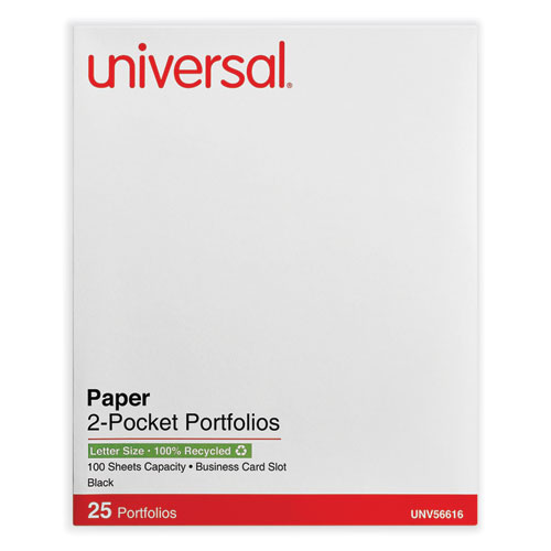 Universal® Two-Pocket Portfolio, Embossed Leather Grain Paper, 11 X 8.5, Black, 25/Box