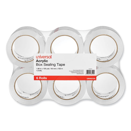 Universal® Deluxe General-Purpose Acrylic Box Sealing Tape, 1.7 Mil, 3" Core, 1.88" X 109 Yds, Clear, 6/Pack