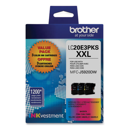 Brother Lc20E3Pks Super High-Yield Ink, 1,200 Page-Yield, Cyan/Magenta/Yellow, 3/Pack