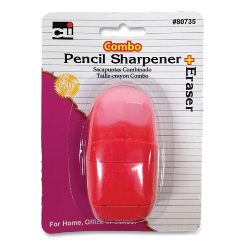 One-Hole Pencil Sharpener/Eraser Combo, 1" x 0.75", Randomly Assorted Colors
