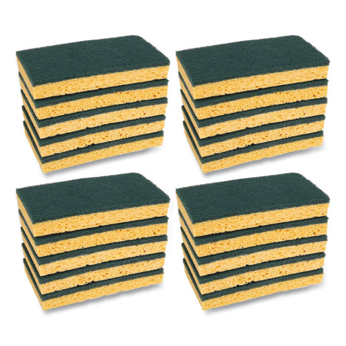 Boardwalk® Scrubbing Sponge, Medium Duty, 3.6 x 6.1, 0.75" Thick, Yellow/Green, Individually Wrapped, 20/Carton
