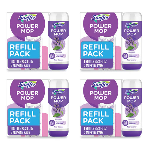 PowerMop Cleaning Solution and Pads Refill Pack, Lavender, 25.3 oz Bottle and 5 Pads per Pack, 4 Packs/Carton