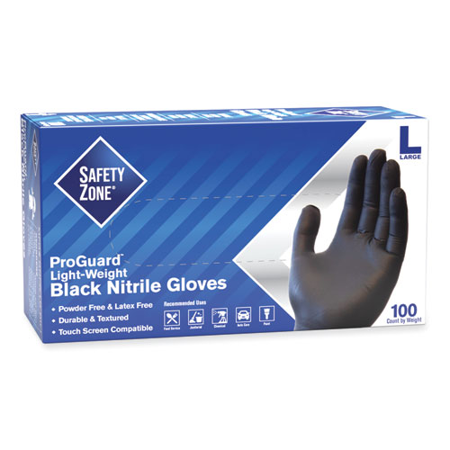 Safety Zone® ProGuard Powder Free Nitrile Gloves, Large, Black, 100/Box