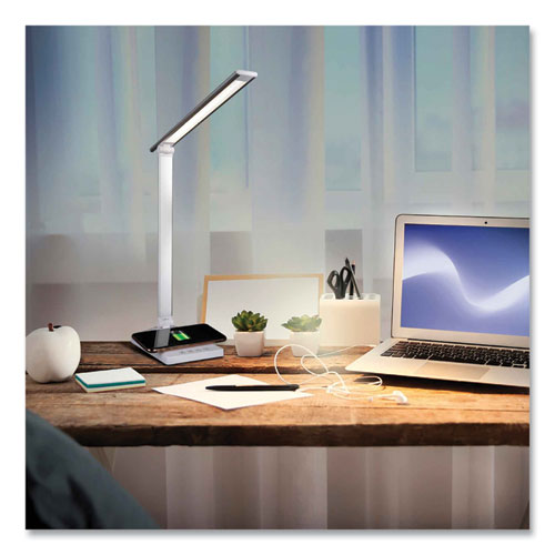 Image of Wellness Series Entice LED Desk Lamp with Wireless Charging, Silver Arm, 11" to 22" High, White, Ships in 4-6 Business Days