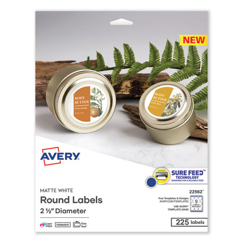 Avery® Laser/Inkjet Media Labels, Inkjet/Laser Printers, 2.5" Dia, Matte White, 9 Labels/Sheet, 25 Sheets/Pack