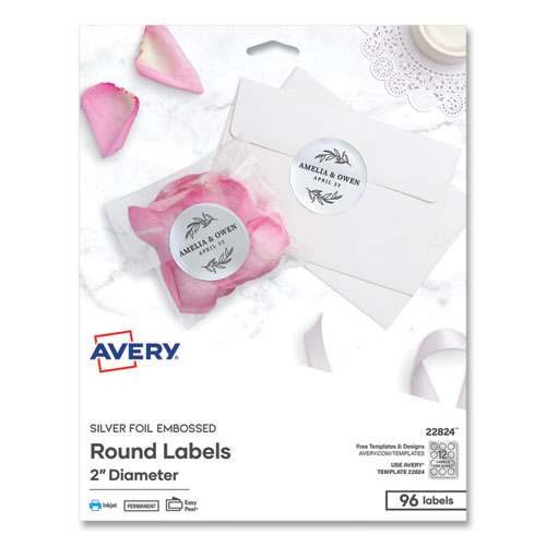 Avery® Round Labels, 2" dia, White with Gold Border, 12/Sheet, 10 Sheets/Pack