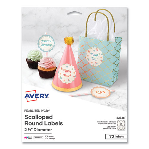 Image of Avery® Print-To-The Edge Labels W/Scalloped Edge, 2 1/2" Dia, Pearl Ivory, 72/Pk
