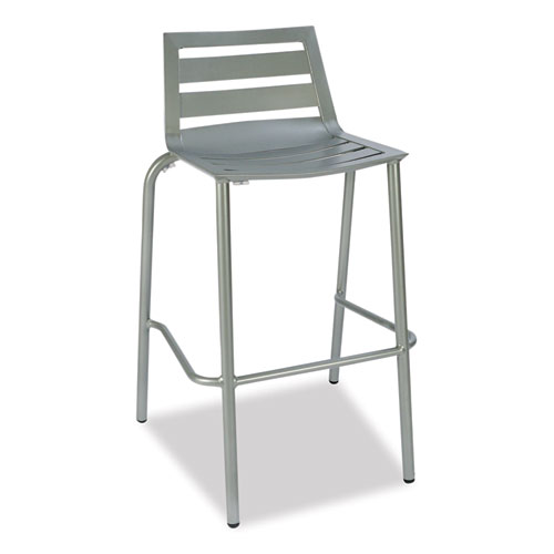 Zarco Series Barstool, Outdoor-Seating, Supports Up to 300 lb, 27" Seat Height, Silver Seat, Silver Back, Silver Base