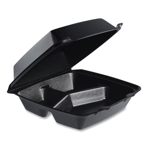 Dart® Insulated Foam Hinged Lid Containers, 3 Compartments, 7.96 x 3.2 x  8.36, Black, Foam, 200/Carton