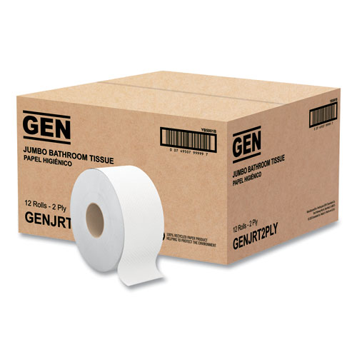 GEN Jumbo Bath Tissue, Septic Safe, 2-Ply, White, 3.5" x 750 ft, 12/Carton