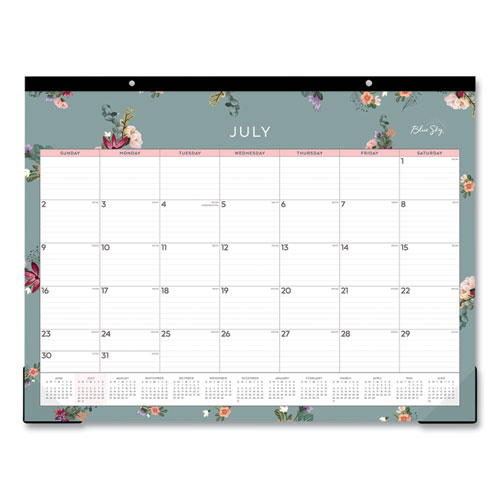 Greta Academic Year Desk Pad Calendar, Floral Artwork, 22 x 17, Green/White/Pink Sheets, 12-Month (July to June): 2023-2024