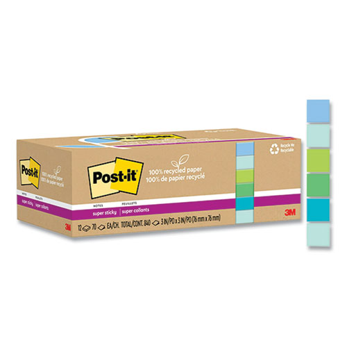 Post-it Recycled Super Sticky Notes, 3 in x 3 in, Oasis Collection