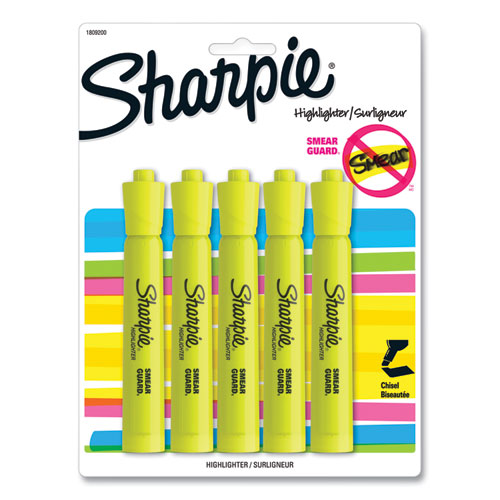 Tank Style Highlighters, Fluorescent Yellow Ink, Chisel Tip, Yellow Barrel, 5/Pack