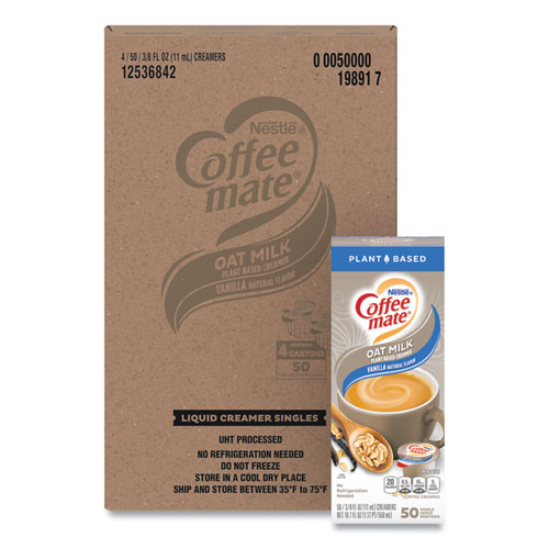 Coffee mate® Plant-Based Oat Milk Liquid Creamers, Natural Vanilla, 0.38 oz Mini Cups, 50/Box, 4 Boxes/Carton