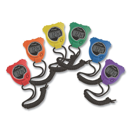 Champion Sports Water-Resistant Stopwatches, Accurate To 1/100 Second, Assorted Colors, 6/Box