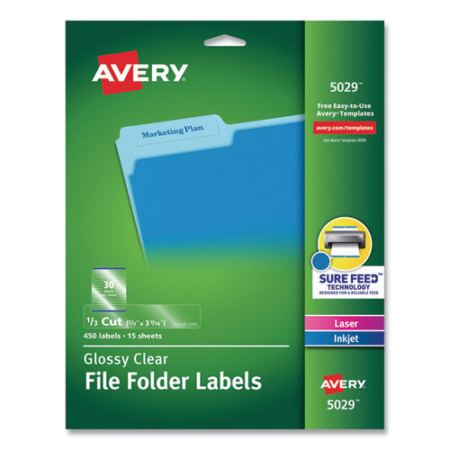 Image of Avery® Clear Permanent File Folder Labels With Sure Feed Technology, 0.66 X 3.44, Clear, 30/Sheet, 15 Sheets/Pack