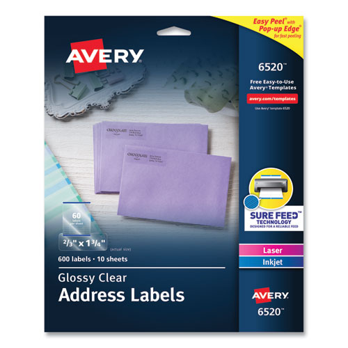 Image of Avery® Glossy Clear Easy Peel Mailing Labels W/ Sure Feed Technology, Inkjet/Laser Printers, 0.66 X 1.75, 60/Sheet, 10 Sheets/Pk