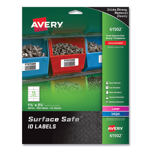 Avery® Surface Safe Id Labels, Inkjet/Laser Printers, 1.63 X 3.63, White, 12/Sheet, 25 Sheets/Pack