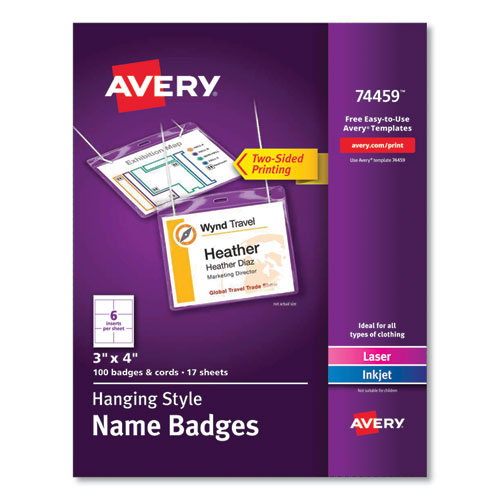 Image of Avery® Necklace-Style Badge Holder W/Laser/Inkjet Insert, Top Load, 4 X 3, We, 100/Box