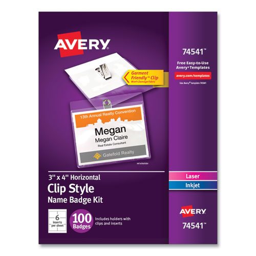 Avery® Clip-Style Name Badge Holder with Laser/Inkjet Insert, Top Load, 4 x 3, White, 100/Box