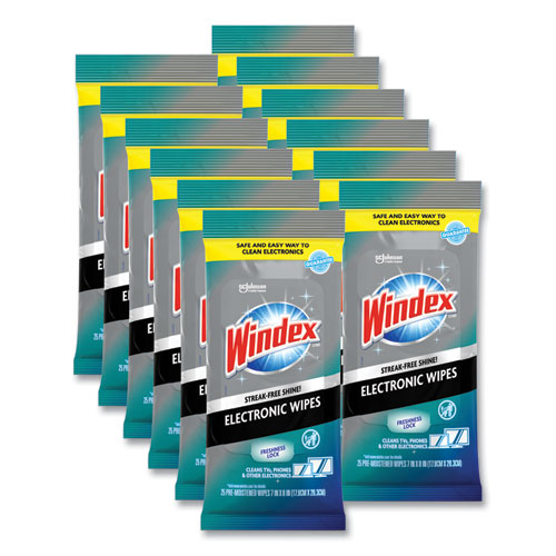 Windex® Electronics Cleaner, 1-Ply, 7 x 10, Neutral Scent, White, 25/Pack, 12 Packs/Carton