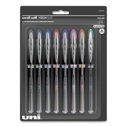 uniball® VISION ELITE BLX Series Hybrid Gel Pen, Stick, Extra-Fine 0.5 mm, Blue-Infused Black Ink, Gray/Blue/Clear Barrel