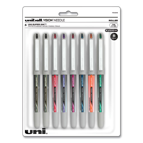 Uniball® Vision Needle Roller Ball Pen, Stick, Fine 0.7 Mm, Assorted Ink Colors, Silver Barrel, 8/Pack