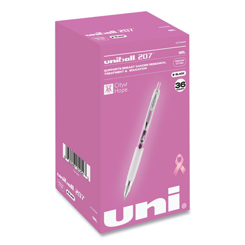 uniball® 207 Office Pack Gel Pen, Retractable, Medium 0.7 mm, Black Ink, Pink/Translucent White Barrel, 36/Pack