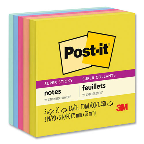 Post-It® Notes Super Sticky Note Pads In Summer Joy Collection Colors, 3" X 3", Summer Joy Collection Colors, 90 Sheets/Pad, 5 Pads/Pack