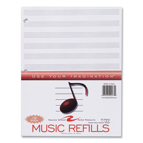 Music Filler Paper, 3-Hole Punched, 8.5 x 11, Music Transcription Format, 20 Sheets/Pack, 24 Packs/Carton