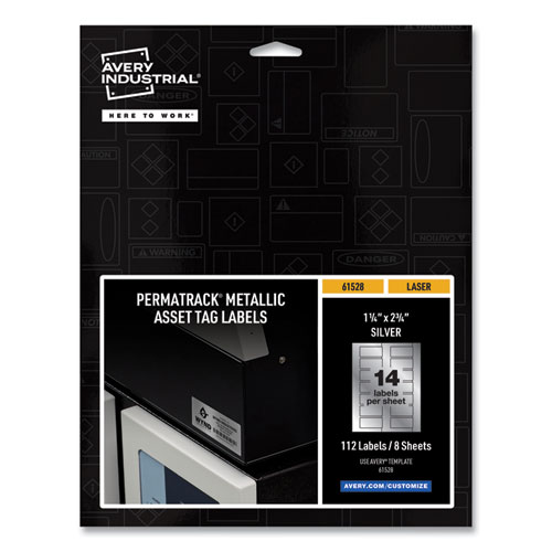 Image of Avery® Permatrack Metallic Asset Tag Labels, Laser Printers, 1.25 X 2.75, Silver, 14/Sheet, 8 Sheets/Pack