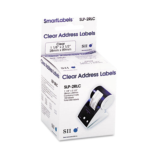 Image of SLP-2RLC Self-Adhesive Address Labels, 1.12" x 3.5", Clear, 130 labels/Roll, 2 Rolls/Box