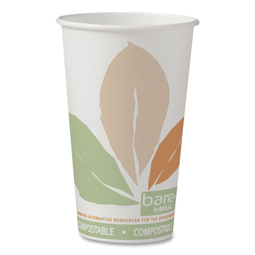 SOLO® Bare Eco-Forward PLA Paper Hot Cups, 10 oz, Leaf Design, White/Green/Orange, 50/Bag, 20 Bags/Carton