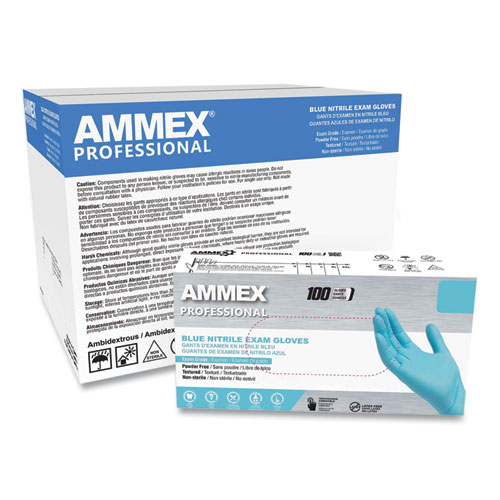 AMMEX® Professional Nitrile Exam Gloves, Powder-Free, 3 mil, Small, Light Blue, 100/Box, 10 Boxes/Carton