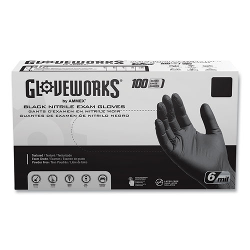 GloveWorks® by AMMEX® Nitrile Exam Gloves, Powder-Free, 6 mil, Large, Black, 100 Gloves/Box, 10 Boxes/Carton