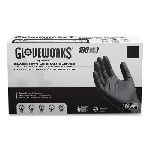 GloveWorks® by AMMEX® Nitrile Exam Gloves, Powder-Free, 6 mil, Medium, Black 100 Gloves/Box, 10 Boxes/Carton