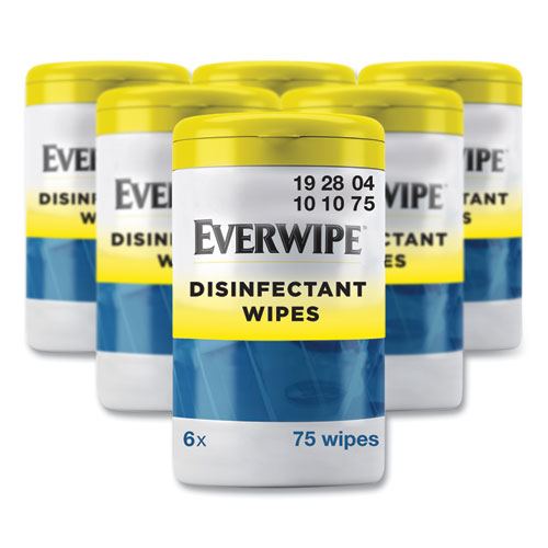 Everwipe™ Disinfectant Wipes, 1-Ply, 7 x 7, Lemon, White, 75/Canister, 6 Canisters/Carton