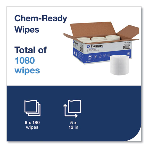 Chem-Ready Dry Wipes, 1-Ply, 5 x 2.16, Unscented, White, 180/Roll, 6 Rolls/Carton