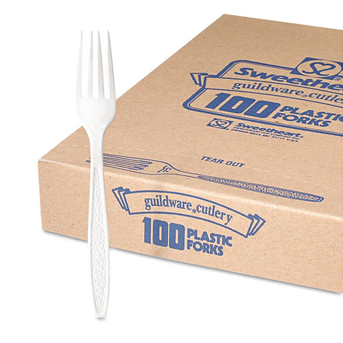 Image of Solo® Guildware Extra Heavyweight Plastic Cutlery, Forks, White, 100/Box, 10 Boxes/Carton