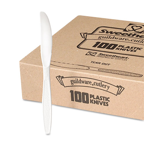 Guildware Extra Heavyweight Plastic Cutlery, Knives, White, 100/Box, 10 Boxes/Carton