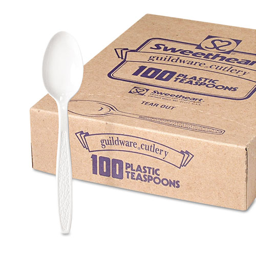 Guildware Extra Heavyweight Plastic Cutlery, Teaspoons, White, 100/Box, 10 Boxes/Carton