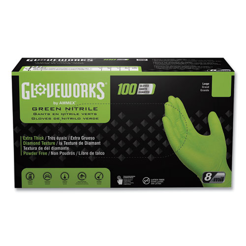 Heavy-Duty Industrial Nitrile Gloves, Powder-Free, 8 mil, Large, Green, 100 Gloves/Box, 10 Boxes/Carton